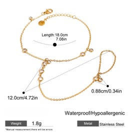 Ring Bracelet Hand Chain for Women, 14K Gold Plated Dainty Link Bracelets with CZ Beads, Adjustable Non Tarnish Trendy Body Jewelry Gifts, One size, Stainless Steel, Cubic Zirconia