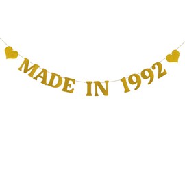 ABCpartyland Gold Glitter Paper Made in 1992 Banner,Funny 32nd Birthday Party Decorations Supplies, Pre-Strung,Letters Gold,MADE IN 1992