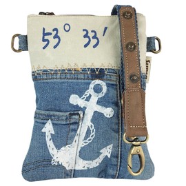 Sunsa Women's Shoulder Bag. Small Canvas Shoulder Bag, Recycled Jeans & Leather, Maritime Vintage Design Crossover Bag. Sustainable Bag for Sea Lovers with Anchor, beige blue