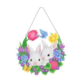 EXQULEG Diamond Painting Wreath Easter Decoration, 5D Diamond Painting Kits, DIY Diamond Painting Pendant Rabbit Easter Eggs with Hanging Chain, Diamond Painting Pictures for Wall and Entrance