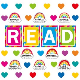 Reading Classroom Decorations Reading Bulletin Board Poster Set Reading Corner Decor Colorful Rainbow Heart Cutouts for Kindergarten Elementary and Middle School Classroom Wall Chalkboard Decor