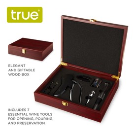TRUE Wine Tools Boxed Kit with Lever Corkscrew Foil Cutter, Chrome Bottle, Aerator Pourer, 2 Worms, Champagne Stopper, Set of 7, Brown