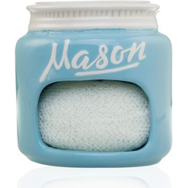 Mason Jar Ceramic Sponge Holder - Decorative Sponge Holder for Kitchen Sink - Sponge Caddy Farmhouse Kitchen Accessories - Kitchen Sink Sponge Holder Organizer - Kitchen Sponge Holder for Sink (Blue)