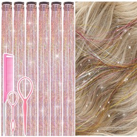 Hair Tinsel Clip in Gold-silver-pink Fairy Hair Tinsel Kit, 12 Pcs 24 Inch Glitter Clip in Hair Extensions for Girls Women Kids Christmas New Year Festival Party (Gold-silver-pink)