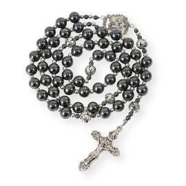 Nazareth Store Hematite Stone Beads Rosary Necklace with Metal Mystery Beads St. Michael Medal & Silver Cross Rosary for Men and Women