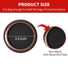Ezprotekt Φ 63,5 mm Non Slip Wood Furniture Caster Cups, 12 PCS Furniture Pads for Hardwood Floors, 2.5” Sofas Beds Chairs Coasters with Anti-Slide Round EVA Pads -Dark Brown