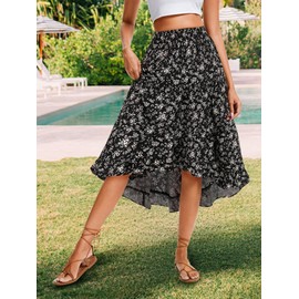 Timormode Women's 2025 Spring Summer Boho Midi Skirt Floral Elastic High Waist Casual Flowy Long Skirts High Low Hem TMS8007 BlackSmallFlower M