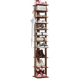 HOMEFORT 10-Tier Vertical Shoe Rack, Corner Shoe Tower, Slim Shoe Organizer with Two Hanging Hooks, Wooden Shoe Storage Stand for Entryway, Hallway, Closet, Rustic Brown