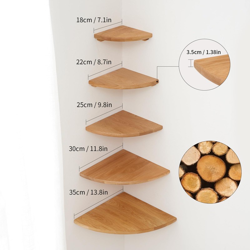 TREOAKWIS Corner Shelf - Solid Oak Wood Floating Corner Shelves