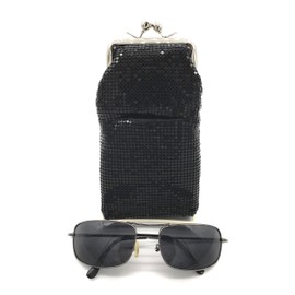 Women's Metal Mesh Eyeglass Case with Crystal Stones Kiss Lock Closure (Black)