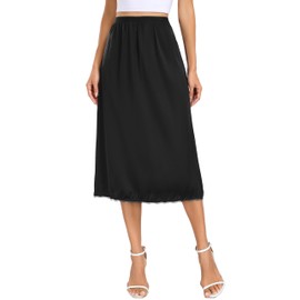 Vlazom Women's Satin Half Slips Lace Long Underskirt Soft Waist Slips for Under Dresses Long Skirt Petticoat,Black,M