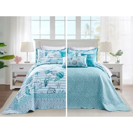 HZ & HY Coastal Oversized King Bedspread 128x120 Extra Wide, Lightweight Beach Bedding Nautical Quilt, Real Stitching, Reversible, 6 Pieces, 100% Microfiber, King/California King, Shell