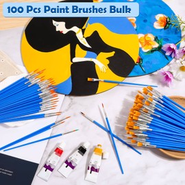 anezus Small Paint Brushes Bulk, 100 Pcs Paint Brushes for Kids Acrylic Paint Brushes Set with Flat and Round Pointed Paint Brushes Craft Paint Brushes for Classroom Watercolor Canvas Face Painting