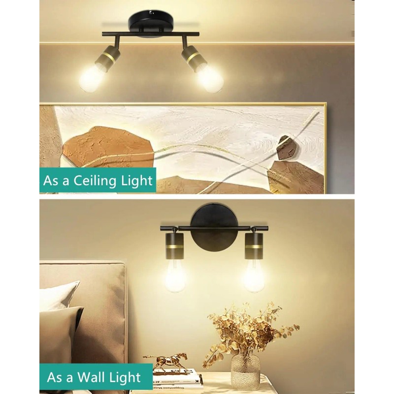 2 Heads Spotlight Adjustable E26 Wall Lamp Surface Mounted Black