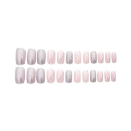 JUSTOTRY 24 Pcs White Swirl Square Short False Nails,Pink French Press on Nails Pattern,Glitter Wavy Fake Nails Medium with Nail Glue,Stick on Nails for Women,Squoval Nails Fake Nail for Nails Art