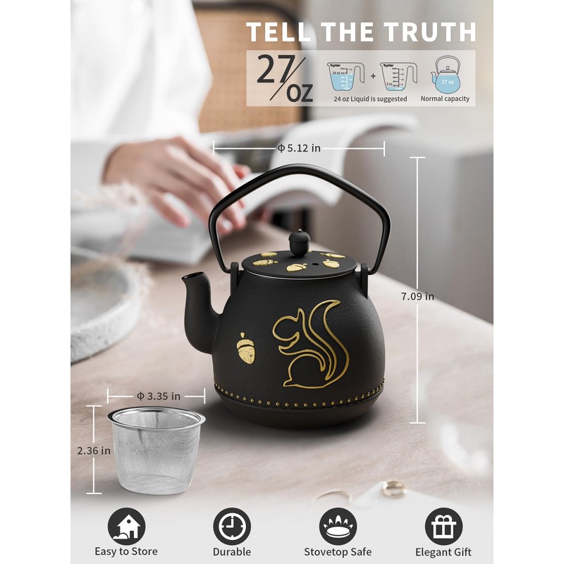 Toptier Teapot with Removable Infuser, Cast Iron Tea Kettle Stovetop