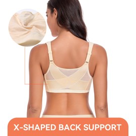 Lemorosy Women's Full Coverage Plus Size Front Closure Posture Back Non-Padded Wireless Support Minimizer Bra (34DD, Beige)