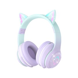 Bluetooth Kids Headphones,Cat Ear LED Light Up Kids Wireless Headphones,Bluetooth 5.1&Stereo Sound,Foldable,Adjustable Headband,Children Headphones with Microphone Over Ear for School/Tablet (Purple)