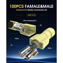 100 Pcs Electrical Male& Female Wire Connectors, 12-10 AWG Gauge Spade Connectors Quick Disconnect for Speak, Nylon Fully Insulated Spade Terminal Connectors(Male& Female (12-10 AWG))