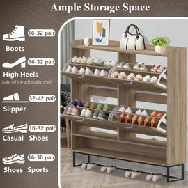 MISHAO Shoe Cabinet Storage for Entryway, Boho Narrow Hidden Shoe Cabinet with 4 Flip Drawers and Metal Legs, Freestanding Slim Shoe Organizer for Entryway, Natural