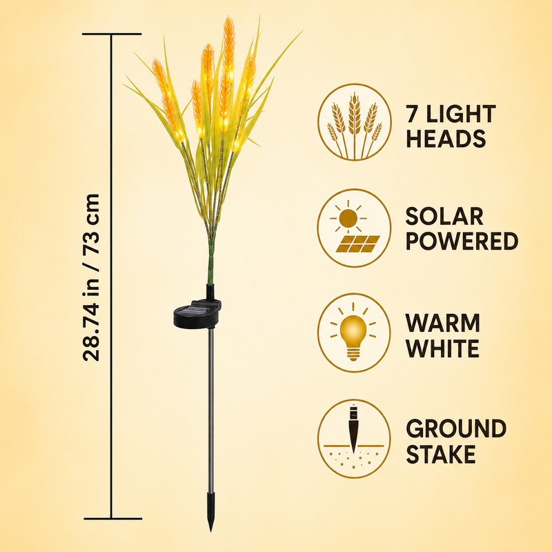 7-Head Solar Wheat Ear Garden Light, Warm White LED Outdoor