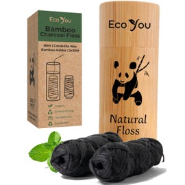 EcoYou Hilo dental de bambú con carbón  2 recambios de hilo dental natural con envase de bambú  Menta orgánica y cera de candelilla  Vegano y