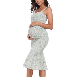 Summer Tank Maternity Dress Sleeveless Strappy Floral Midi Bodycon Square Neck Ruffle Mermaid Smocked Dress for Baby Shower Light Green L