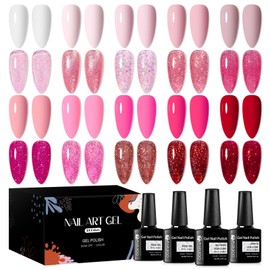 MSRUIOO 24PCS Pink Gel Nail Polish Set Glitter Gel Nail Polish Kit Hot Pink Sparkle Pink Gel Polish Set Soak Off UV Led Nail Gel DIY Nail Art Gel Nail Kit for Women Girls