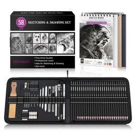 HIFORNY Juego de 58 piezas de lápices de dibujo y boceto, suministros de arte con cuaderno de bocetos de 3 colores, grafito, carbón vegetal, herramientas de mezcla, lápices de dibujo para adultos y