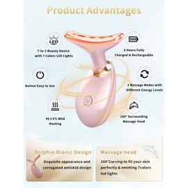 Facial Beauty Device, Multifunctional Facial Skin Care Tools with Vibration, Red and Blue LED Light, 7 Color Led Face and Neck Beauty Device for Home Use, Improve Skin(Glossy Pink)