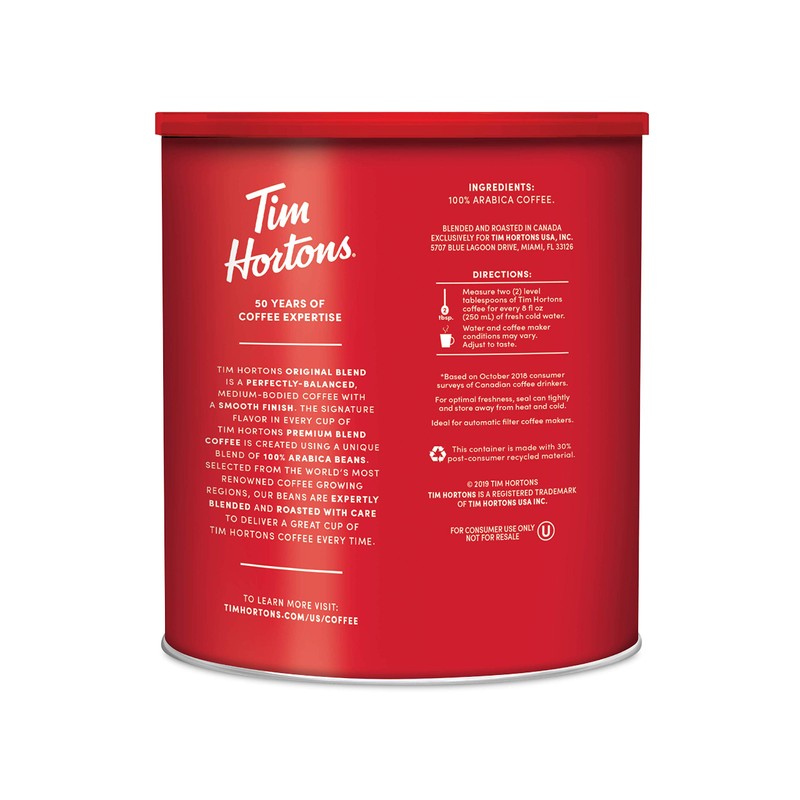 Tim Hortons Original Blend, Medium Roast Ground Coffee, Canada’s Favorite
