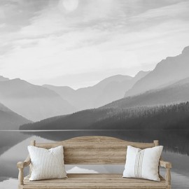 IDEA4WALL Removable Wall Sticker/Wall Mural Black & White Mist Mountain Valley Lake Nature Wilderness Photography Realism Decorative Landscape Rustic Zen for Living Room, Bedroom, Office - 100"x144"