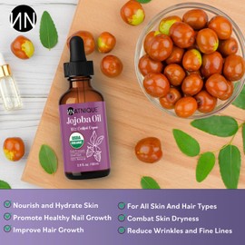 Natnique Jojoba Oil 2oz, USDA Certified Organic, Hexane-Free, 100% Pure for Hair Growth, Face, Dry Skin, Nails, Hair, Scalp Care, Bread & Cuticles. Facial Oil for Gua Sha Massage