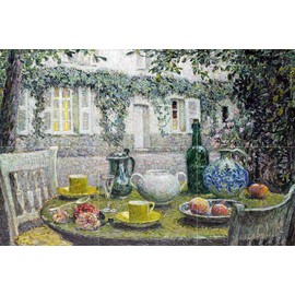 Tile Mural Still Life Table at Sunset by Henri Le Sidaner Cups Flowers Fruits Glass Bottle Courtyard Chairs Kitchen Bathroom Shower Wall Backsplash Splashback 3x2 6" Marble, Matte