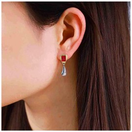 Aneneiceera Vintage Silver Drop Earrings Ruby Square Stud Earrings Metal Water Drop Earrings Geometric Red Crystal Earrings Jewellery for Women and Girls, Zinc