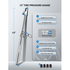 LUMITECO Dual Head Tire Pressure Gauge, Heavy Duty Extension Air Tire Gauge for Tire Pressure Range 10-150PSI 1-10BAR, Straight Foot Dual Head Chuck Auto Service Gage for Car,Semi Truck,RV,Motorcycle