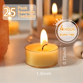 Beeswax Tealight Candles, Natural Beeswax Candles Bulk (4-5 Hour Burn), Handmade Organic Tea Lights, Honey Scented Pure Beeswax Tea Candles, 25 Pack