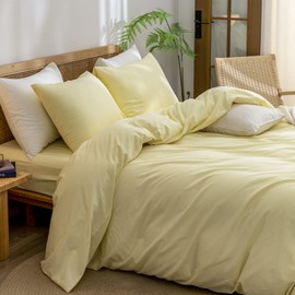 BESTOUCH Duvet Cover Set 100% Washed Cotton Linen Feel Super Soft Comfortable Chic Lightweight 3 PCs Home Bedding Set Solid Light Yellow Cal King