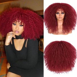 Lizzy Curly Afro Wigs for Black Women, 18 Inch Afro Bomb Curly Wig with Bangs, Synthetic Fibre, Glueless, Long, Kinky Curly Hair Wigs for Daily Party (Red)