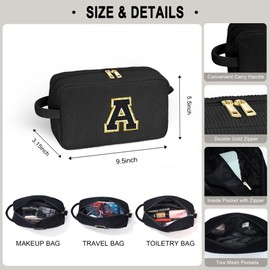 YOOLIFE Black Cute Travel Makeup Bag - Sister Gifts Girlfriend Gifts Monogram Makeup Bag Make Up Bag Large Cosmetic Bags for Women Corduroy Makeup Bag Friend Birthday Gifts Girlfriend Gifts Letter M