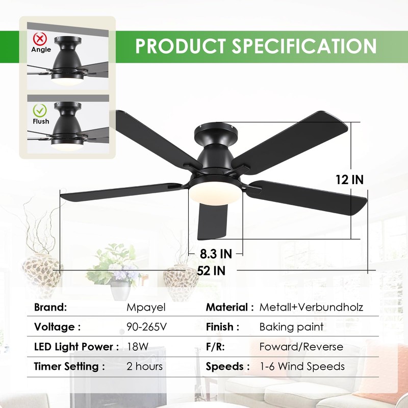 Ceiling Fans with Lights- 52" Low Profile Indoor Ceiling Fan