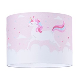 Beautiful Soft Pink and White Cotton Fabric Lampshade with Dancing Colourful Unicorns and Clouds Decoration | 25cm Diameter | Features Inner White Cotton Fabric Lining by Happy Homewares
