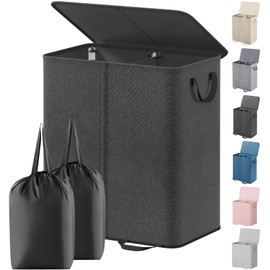 Lifewit Double Laundry Hamper with Lid and Removable Laundry Bags, Large Collapsible 2 Dividers Dirty Clothes Basket with Handles for Bedroom, Laundry Room, Closet, Bathroom, College, 136L Black
