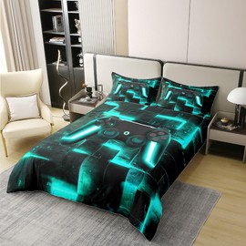 Erosebridal 100% Cotton Turquoise Lattice Duvet Cover Full Size 3Pcs,Boys Gamer Comforter Cover,Neon Cubes Gamepad Bedding Set,Modern Abstract Geometric Bed Set with 2 Pillowcases