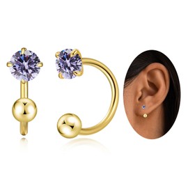 Small Huggie Half Hoop Earrings for Women Girls,Tiny 3mm Birthstone Earrings Cartilage Hypoallergenic Stud for Women (June)