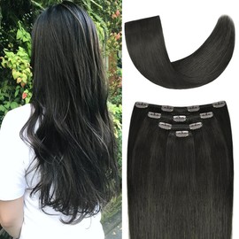 16" Clip in Hair Extensions Remy Human Hair for Women - Silky Straight Natural Black Clip on Real Hair Extensions 55grams 4pieces(16inches, #1B)
