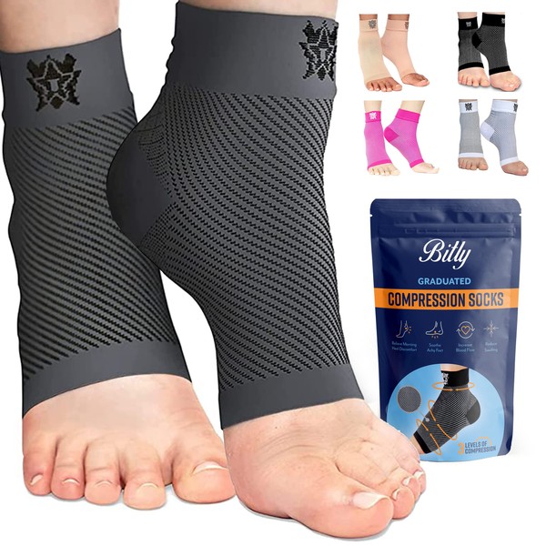 Bitly Plantar Fasciitis Socks for Women & Men - Foot & Ankle Compression Sleeve, Brace for Everyday Use - Provides Arch Support & Heel Pain Relief (Gray, Large)