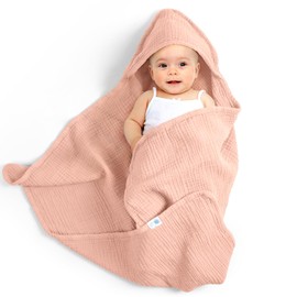 lulumoon Baby Towel Hood for Bathroom: Hooded Towel Made of Muslin Cotton 75 x 76 cm - Extra Soft Absorbent for Heat After Bathing Cream - Suitable for Babies 0-18 Months (Orange/Pink)