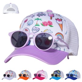 LUKIUP 2 Pieces Baseball Cap Sunglasses Set for Boys Girls Adjustable Cap Kids Baseball Cap for Children Boys Girls Gifts Cartoon Pattern, purple
