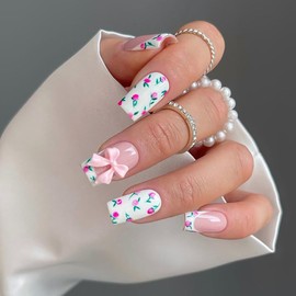 Flower Press on Nails Medium Square Fake Nails Pink Bow Designs Nails Cute False Nails Stick on Nails for Women Girls Manicure Decorations (Style-7, 24 Pcs)